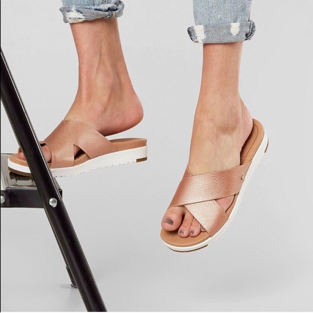 UGG women’s Kari sandals, rose gold, size 10